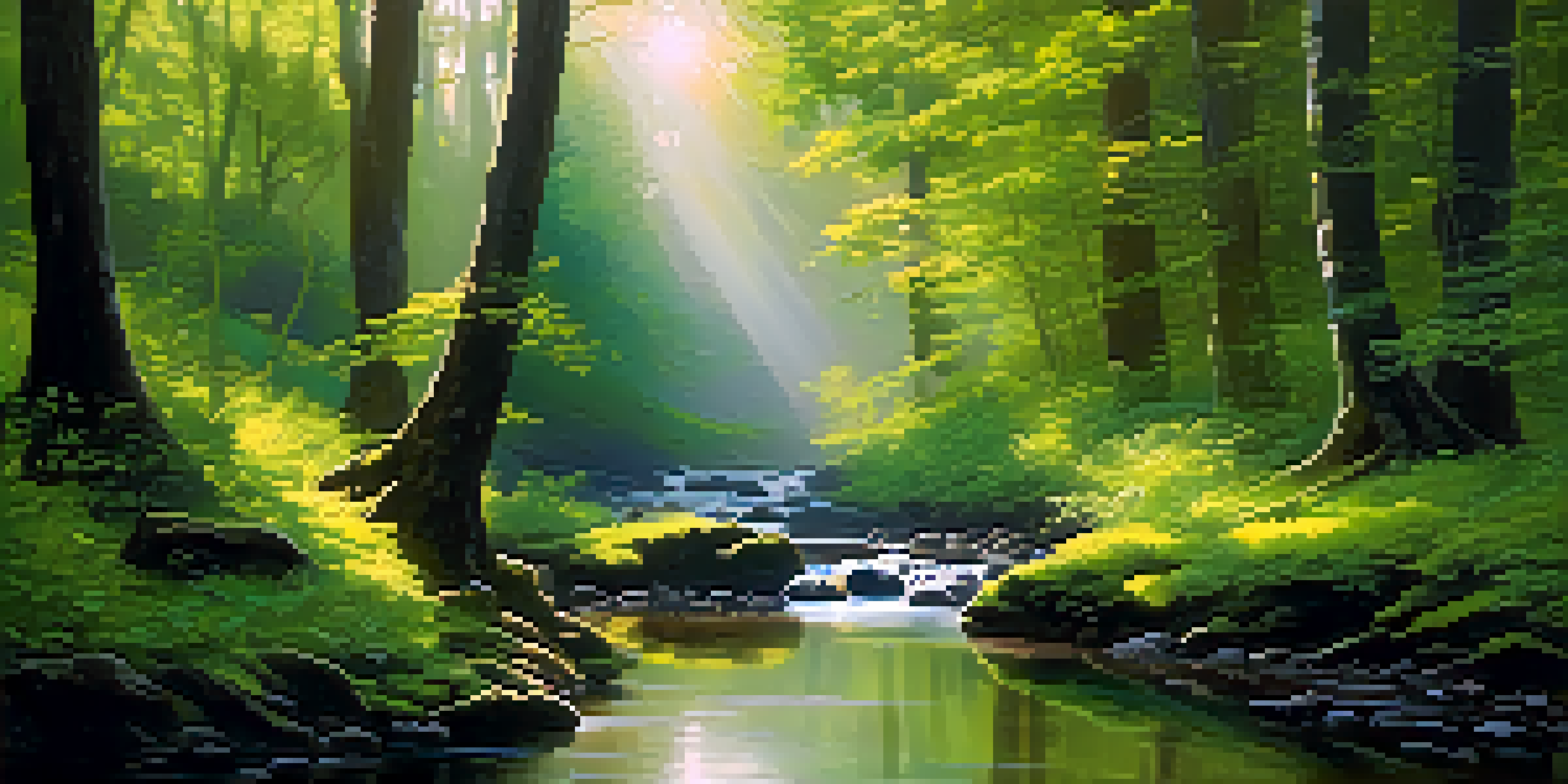 A lush green forest in the morning with mist and sunlight filtering through the trees, and a small stream flowing through.