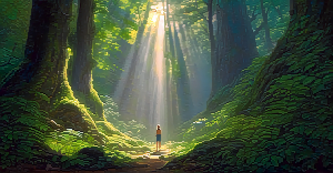 A character standing in a sunlit forest, gazing at an ancient stone structure covered in vines.