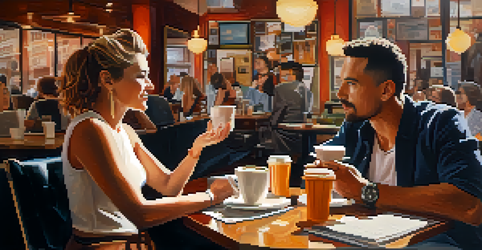 A film director and a celebrity discussing a script at a coffee shop, surrounded by coffee cups.