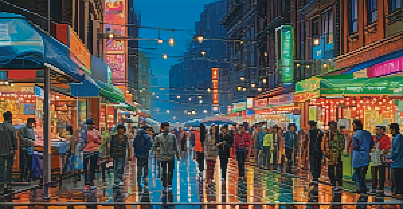 A busy city street at night illuminated by colorful neon signs, with reflections on wet pavement and people walking, creating a lively atmosphere.