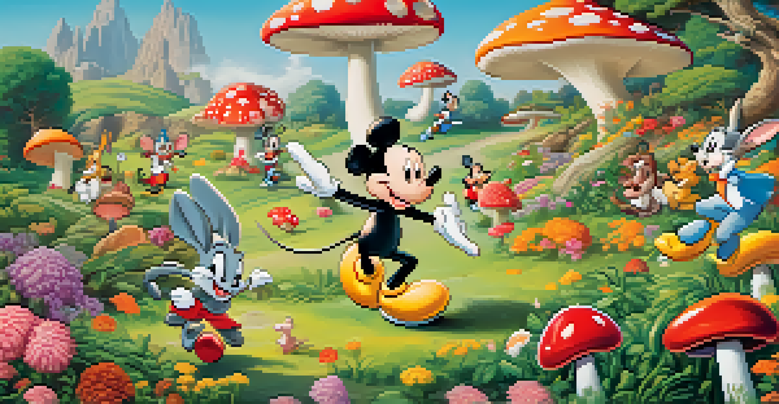 Iconic animated characters from the Golden Age in a playful chase in a colorful cartoon landscape.