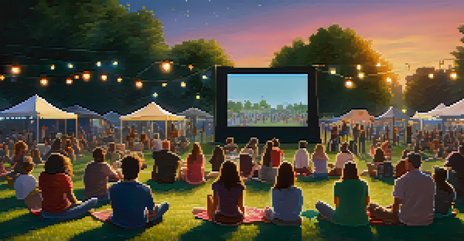 A community event in a park with people watching a film on a big screen, surrounded by string lights and food trucks.
