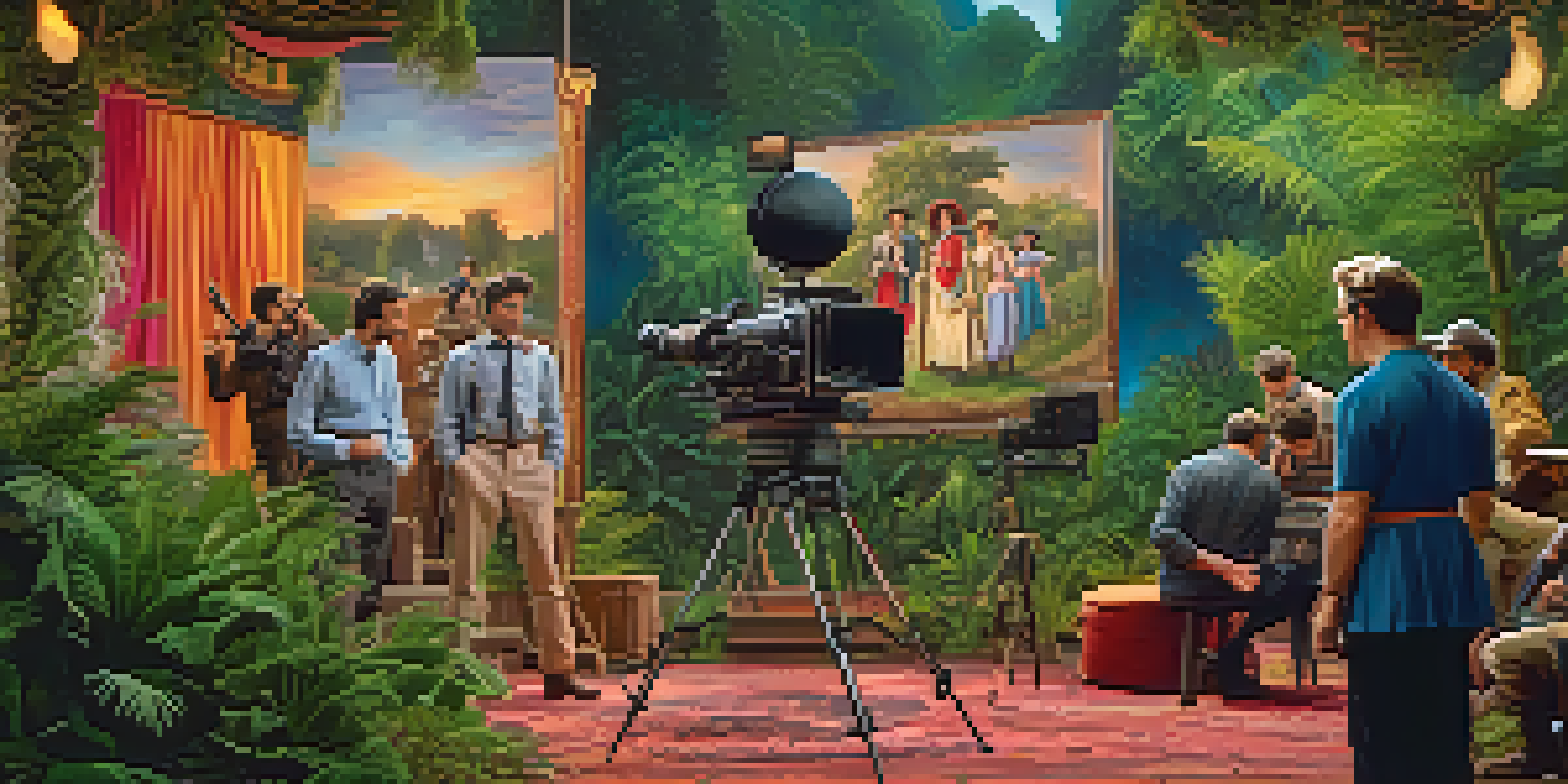 A film crew on set, with a director, actors in period costumes, and colorful lighting creating a lively atmosphere.
