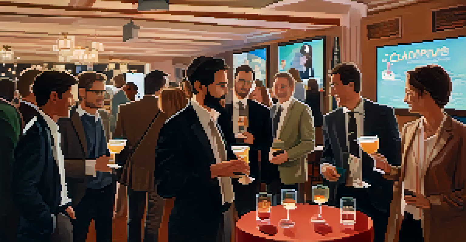 A small group of filmmakers networking over drinks in a cozy, softly lit environment at a film festival.