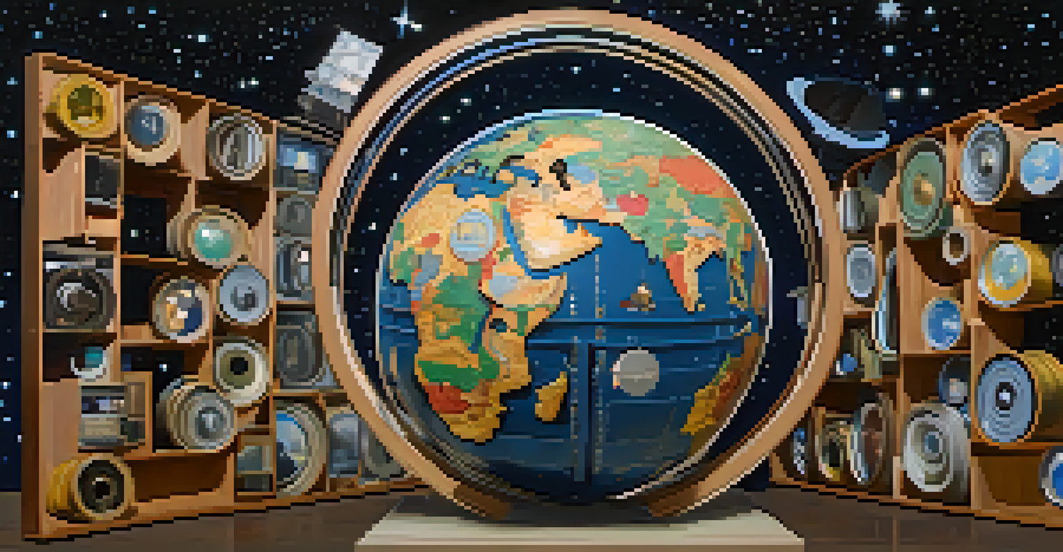 A globe composed of film reels with cultural scenes under a starry sky.