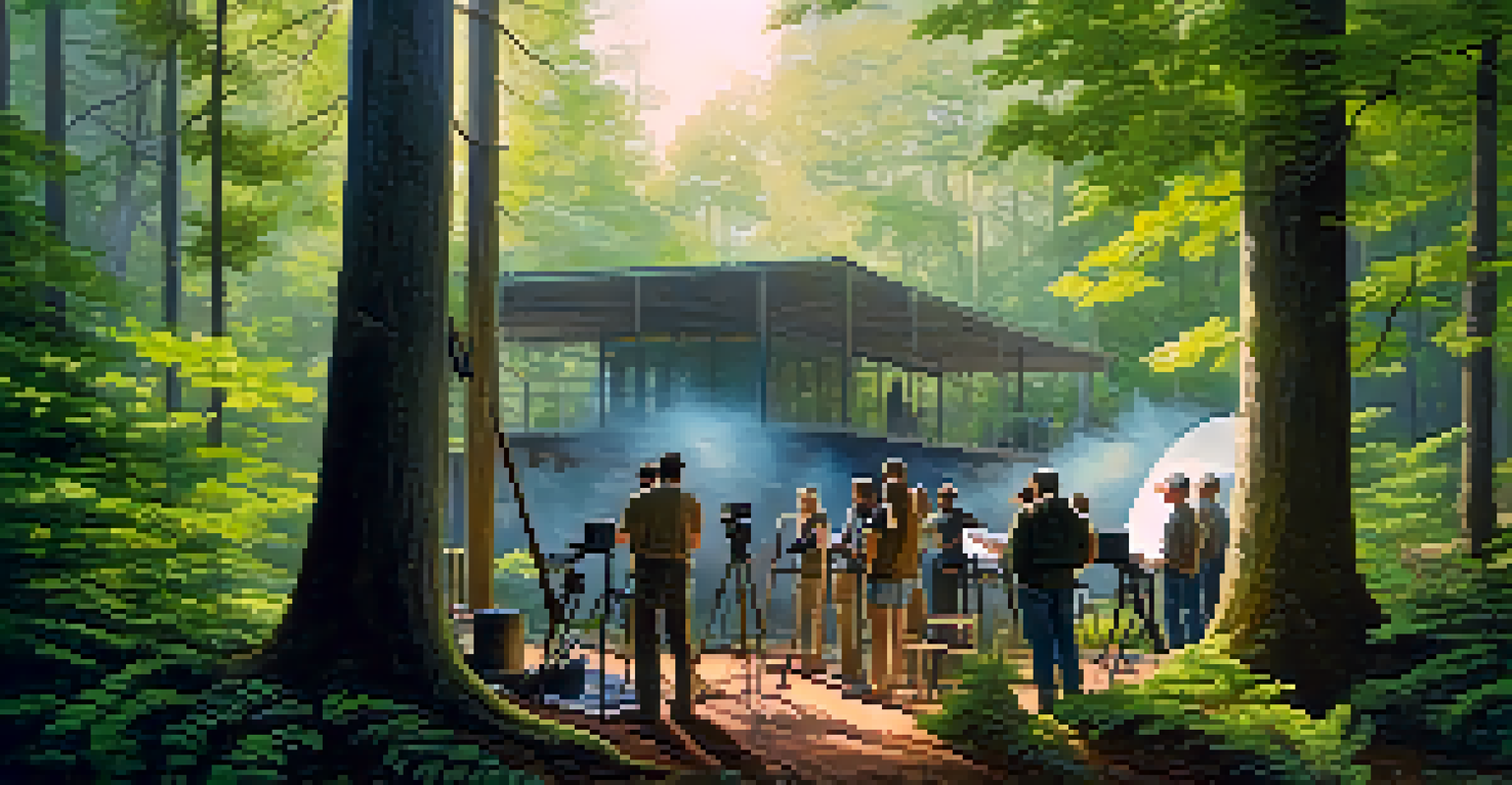 An outdoor film crew setting up a scene in a lush forest, emphasizing eco-friendly practices and collaboration with nature in soft morning light.