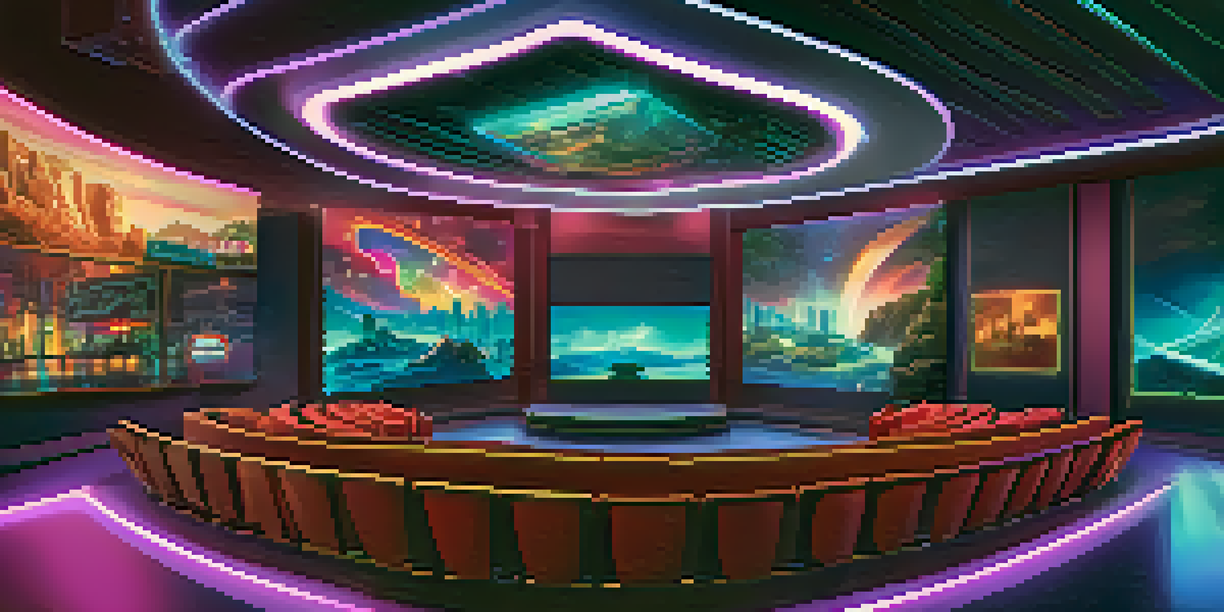 A modern movie theater with VR headsets on seats and a large screen showing a colorful virtual reality landscape, illuminated by soft neon lights.