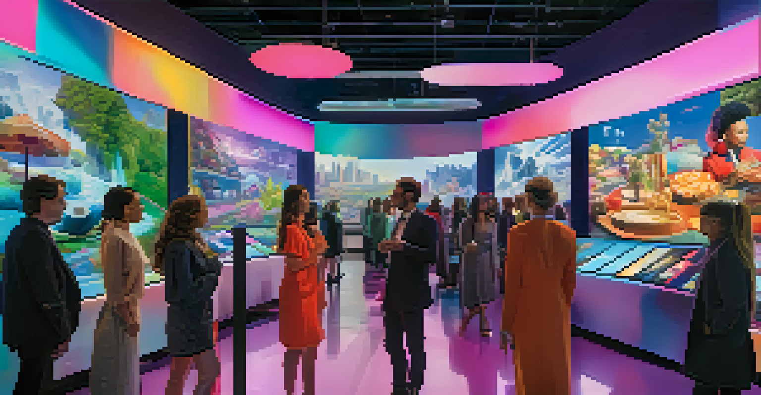 A futuristic scene with holographic celebrities engaging with people in an augmented reality environment.