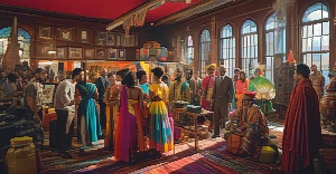 A film set with diverse filmmakers collaborating, surrounded by colorful costumes and props, illuminated by natural light.