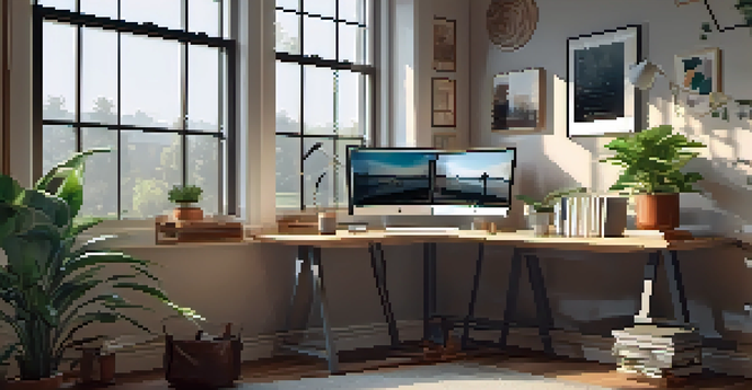 A modern home office filled with natural light, featuring a desk with film books and a laptop displaying a film analysis video.