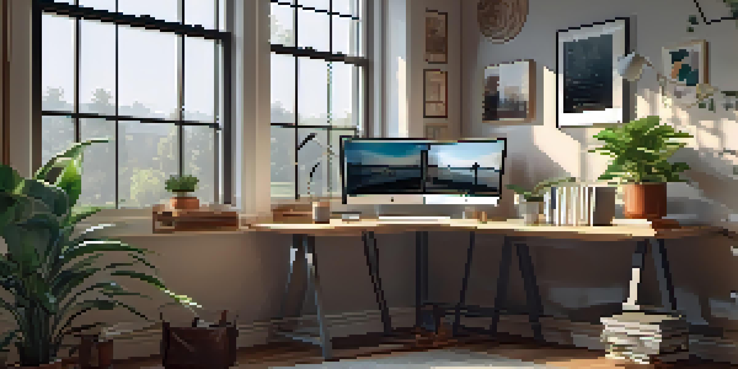A modern home office filled with natural light, featuring a desk with film books and a laptop displaying a film analysis video.
