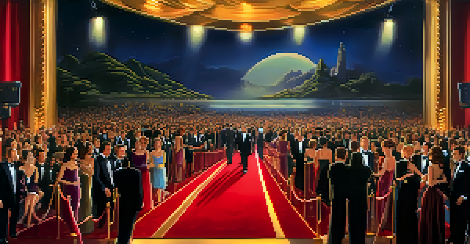 A glamorous Hollywood film premiere scene with a live orchestra and attendees dressed in vintage attire.