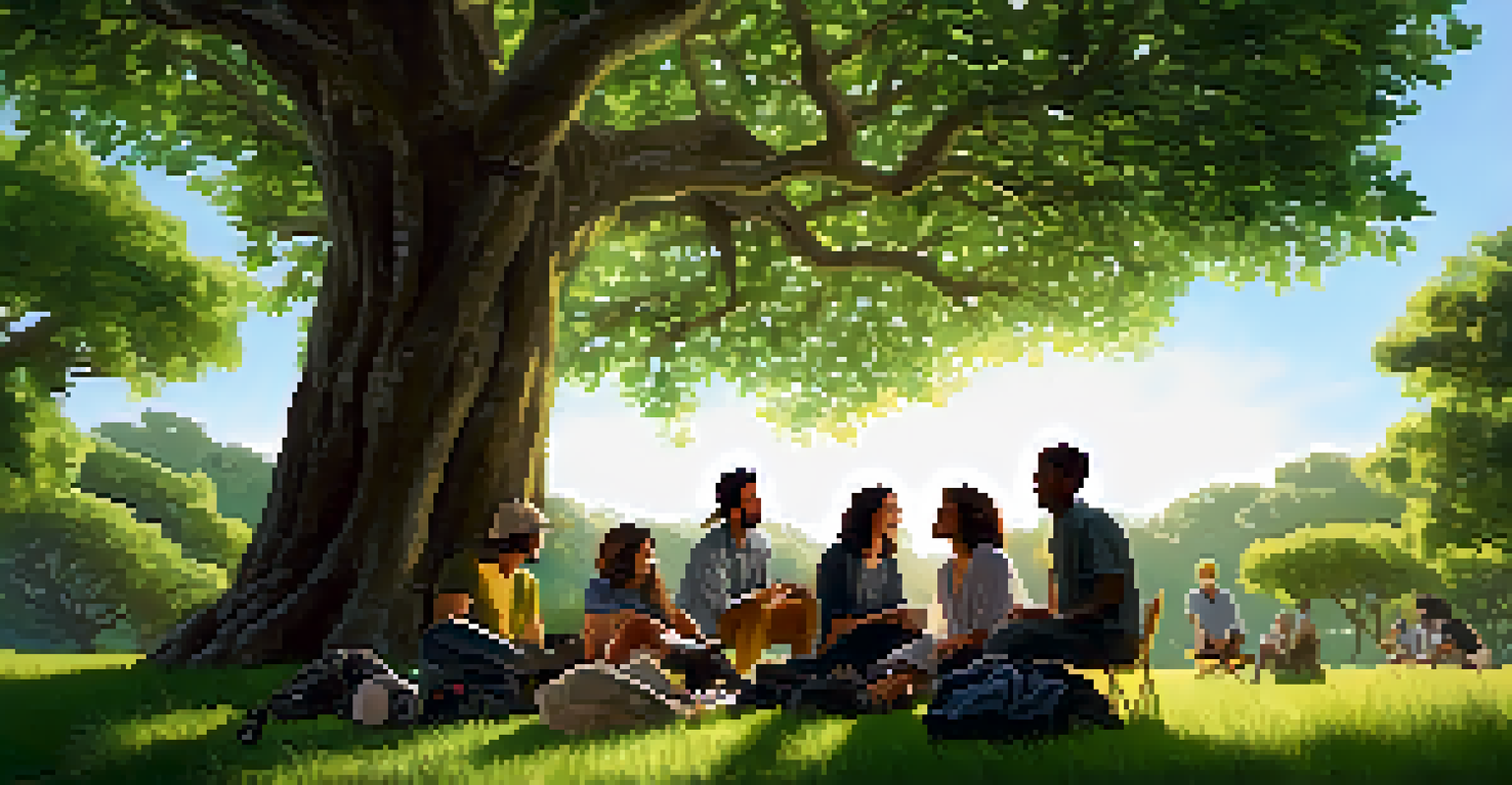 A diverse group of filmmakers discussing a script outdoors under a large tree, surrounded by greenery and sunlight.