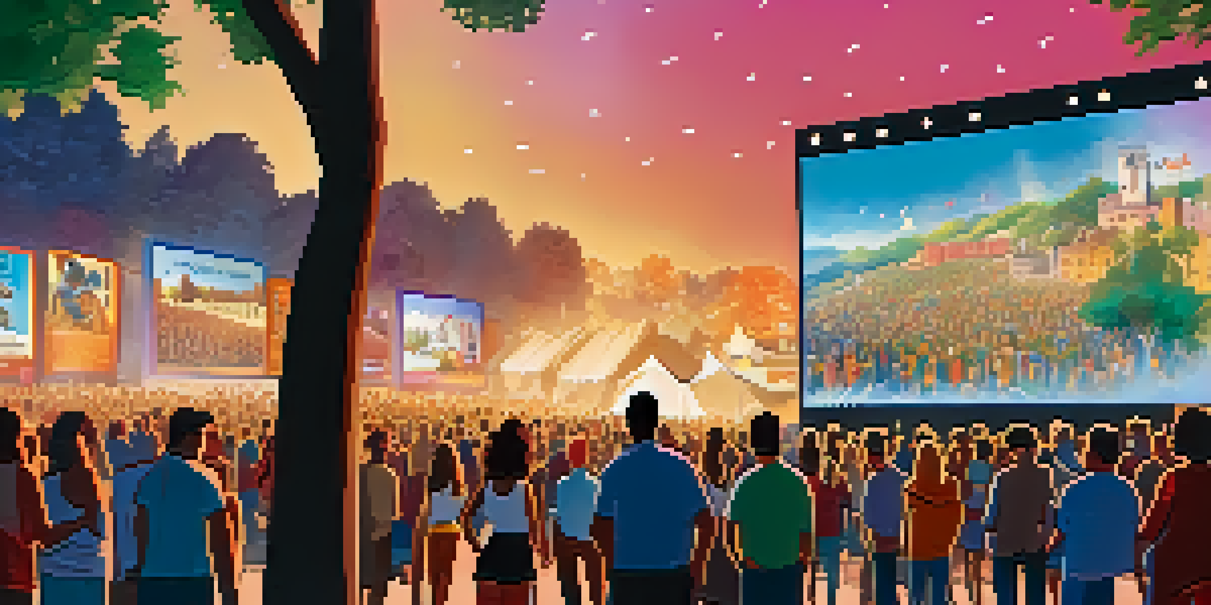 A lively film festival scene with a diverse crowd interacting and a large screen showing film clips in the background.