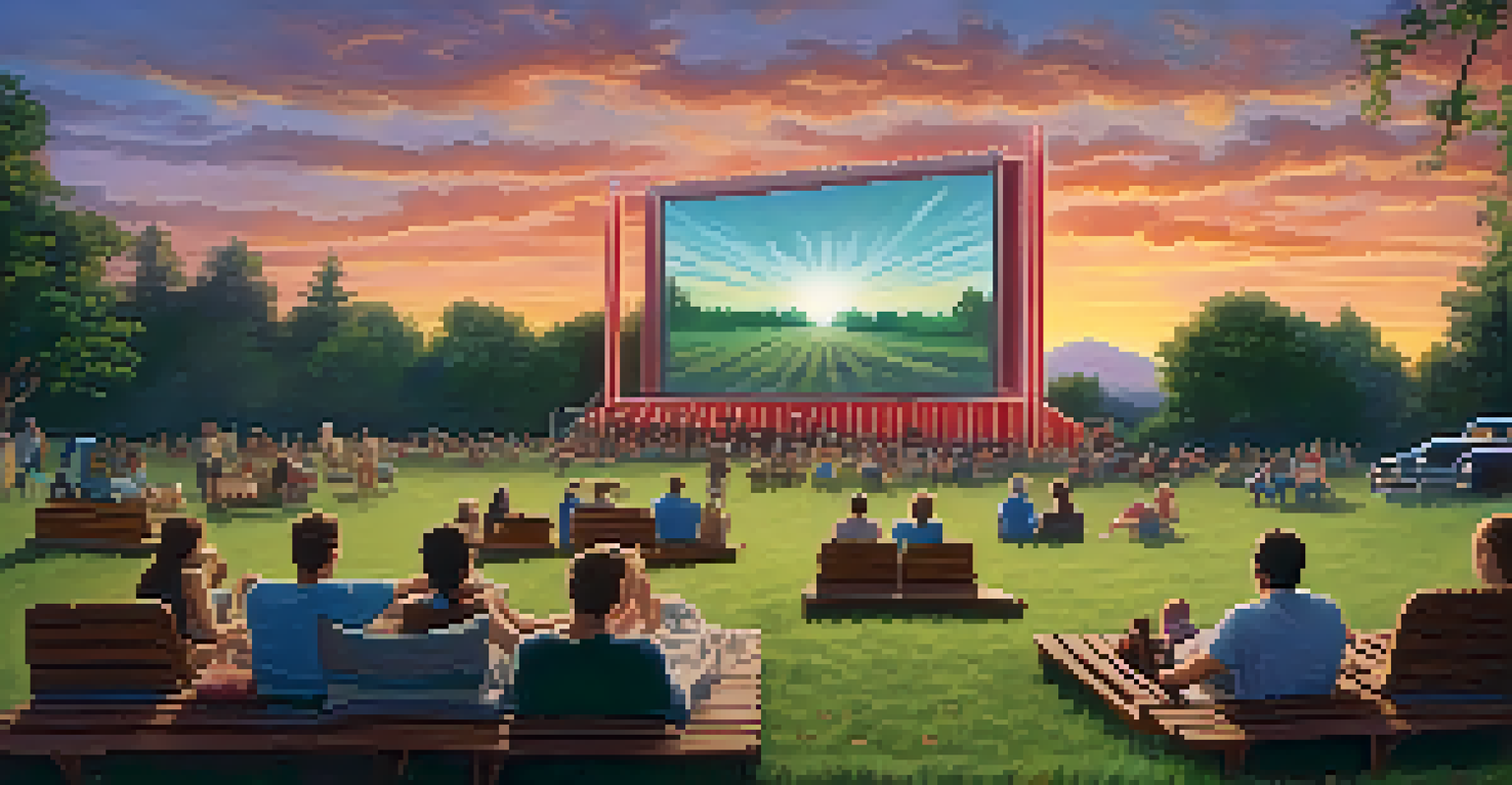 A peaceful drive-in theater surrounded by nature, with families relaxing on blankets and benches in front of a large screen during twilight.