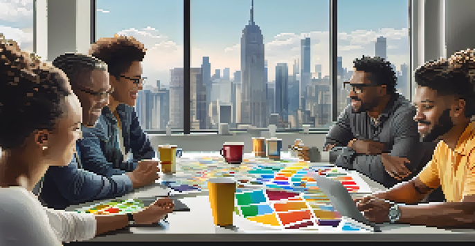 A diverse group of film marketers collaborating at a table with charts and laptops, illuminated by natural light from large windows.