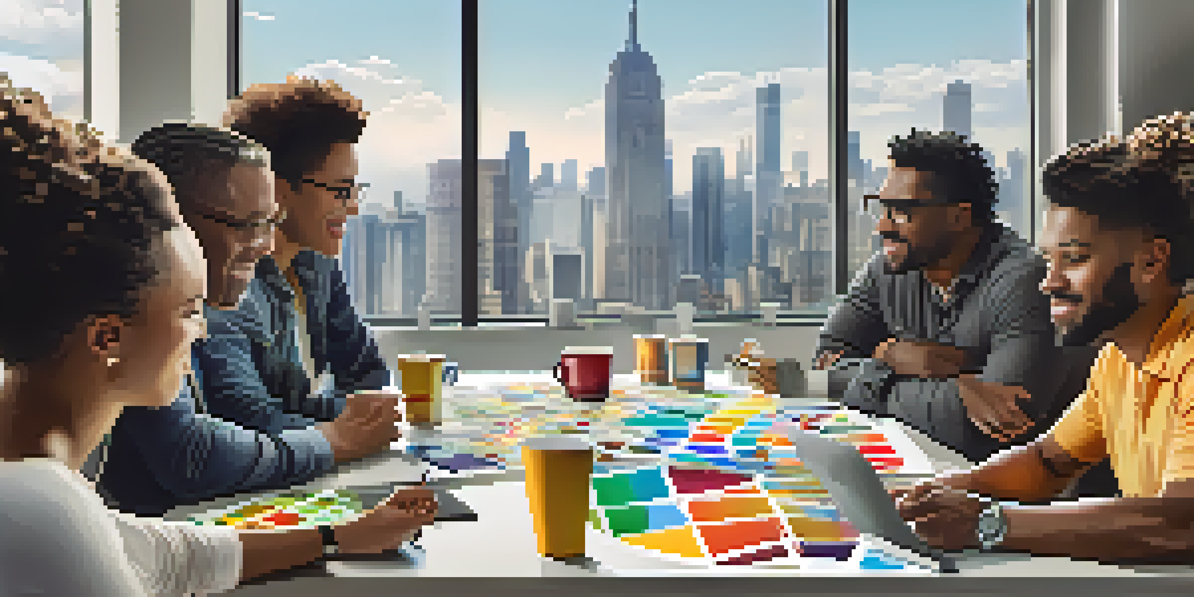 A diverse group of film marketers collaborating at a table with charts and laptops, illuminated by natural light from large windows.