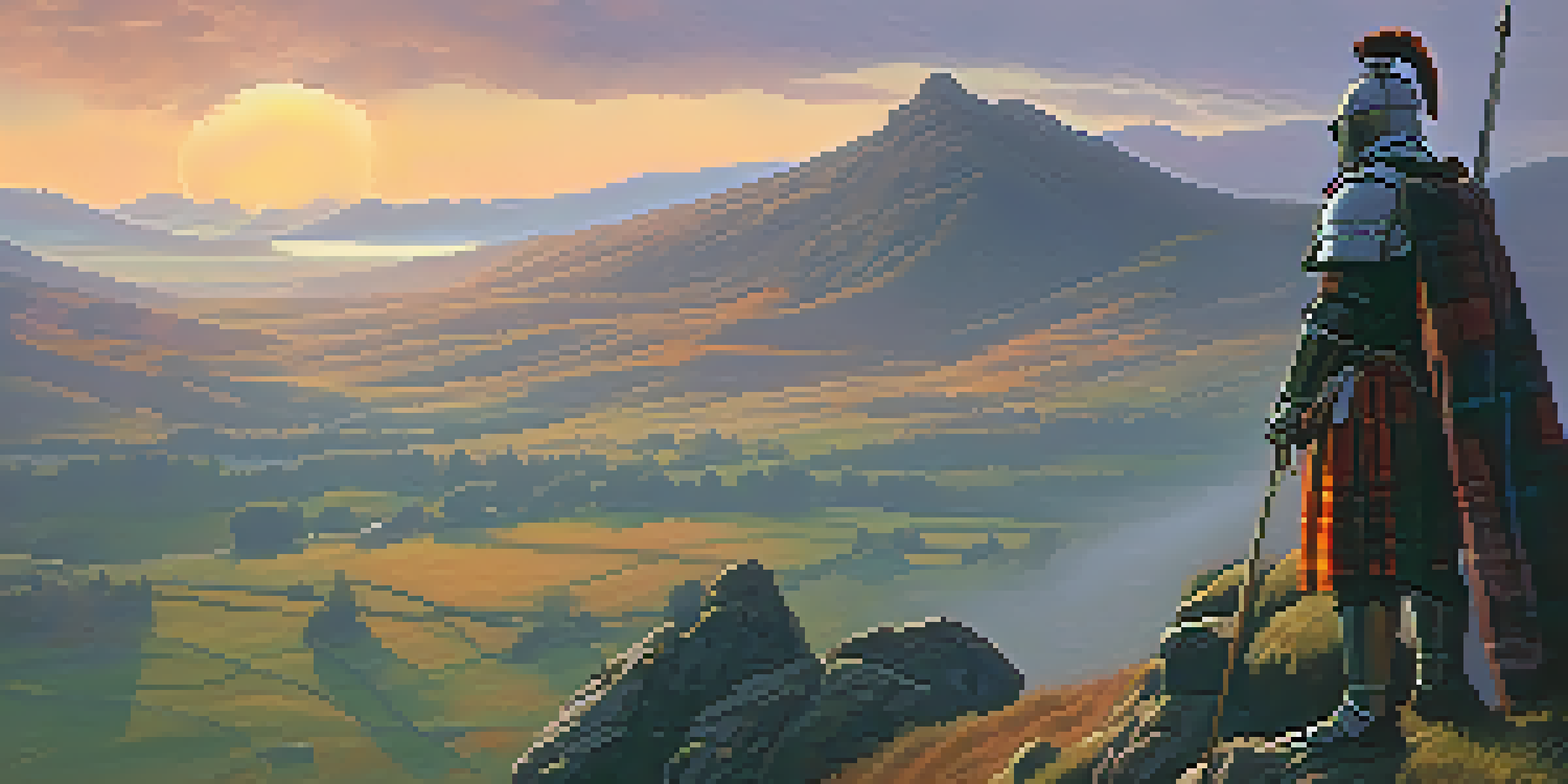 A Scottish knight on a hilltop at sunset, wearing traditional armor and a tartan flag waving in the wind.