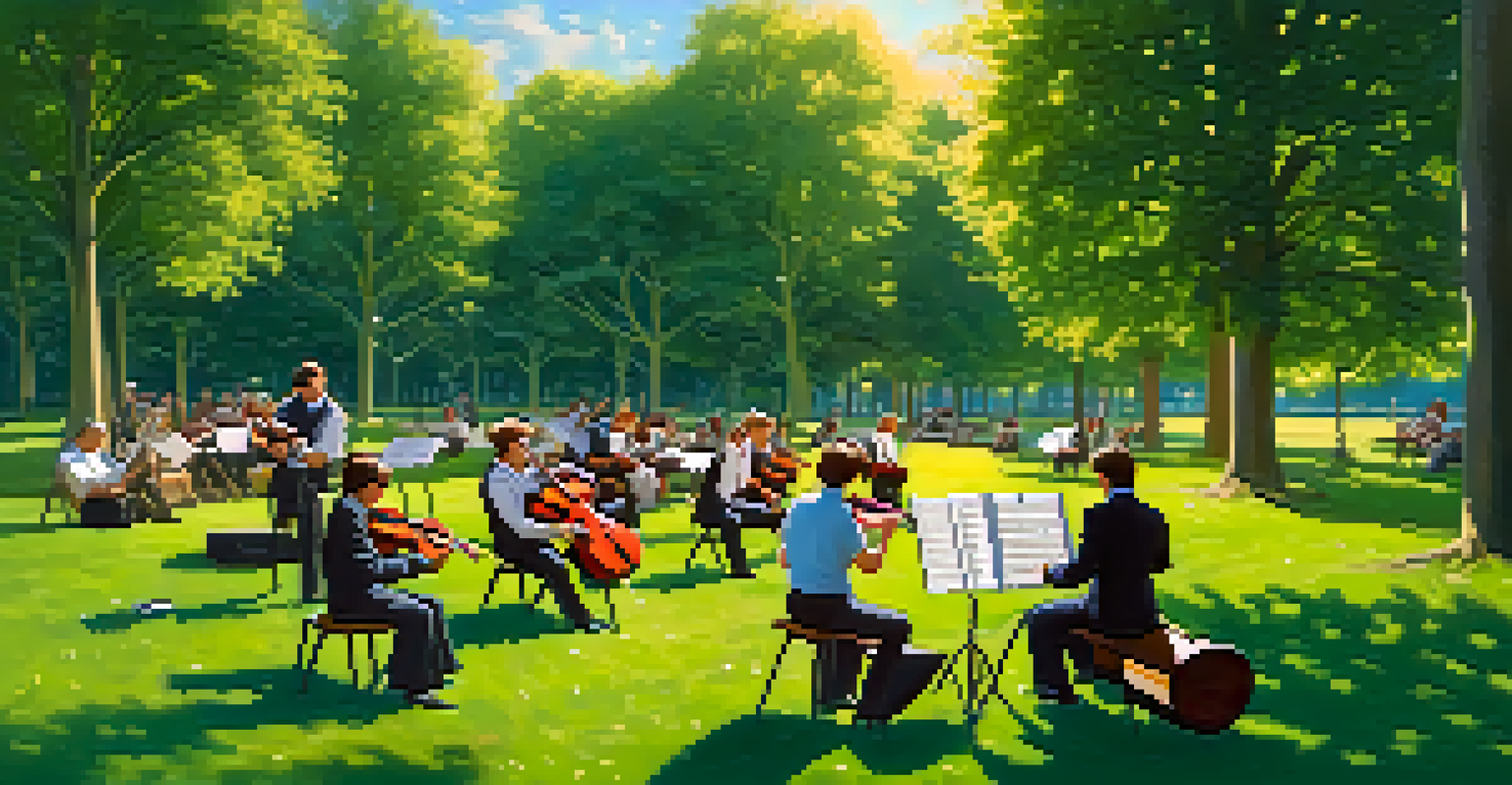 A composer conducting musicians in an outdoor setting, surrounded by greenery and sunlight, creating a vibrant atmosphere for film scoring.