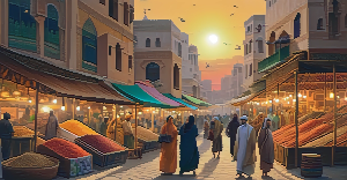 A lively market scene in a Middle Eastern city with colorful stalls and people interacting, illuminated by a golden sunset.