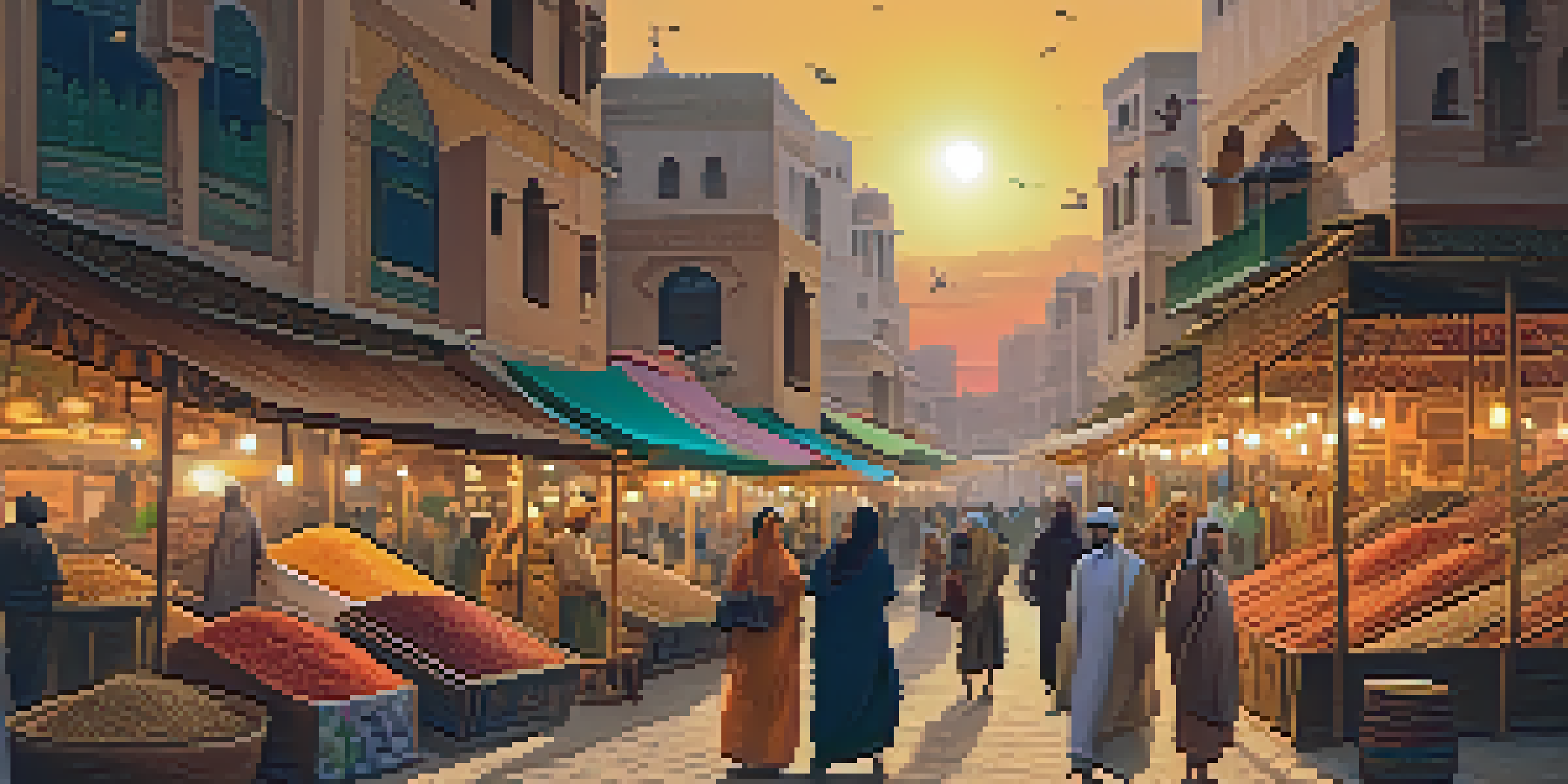 A lively market scene in a Middle Eastern city with colorful stalls and people interacting, illuminated by a golden sunset.