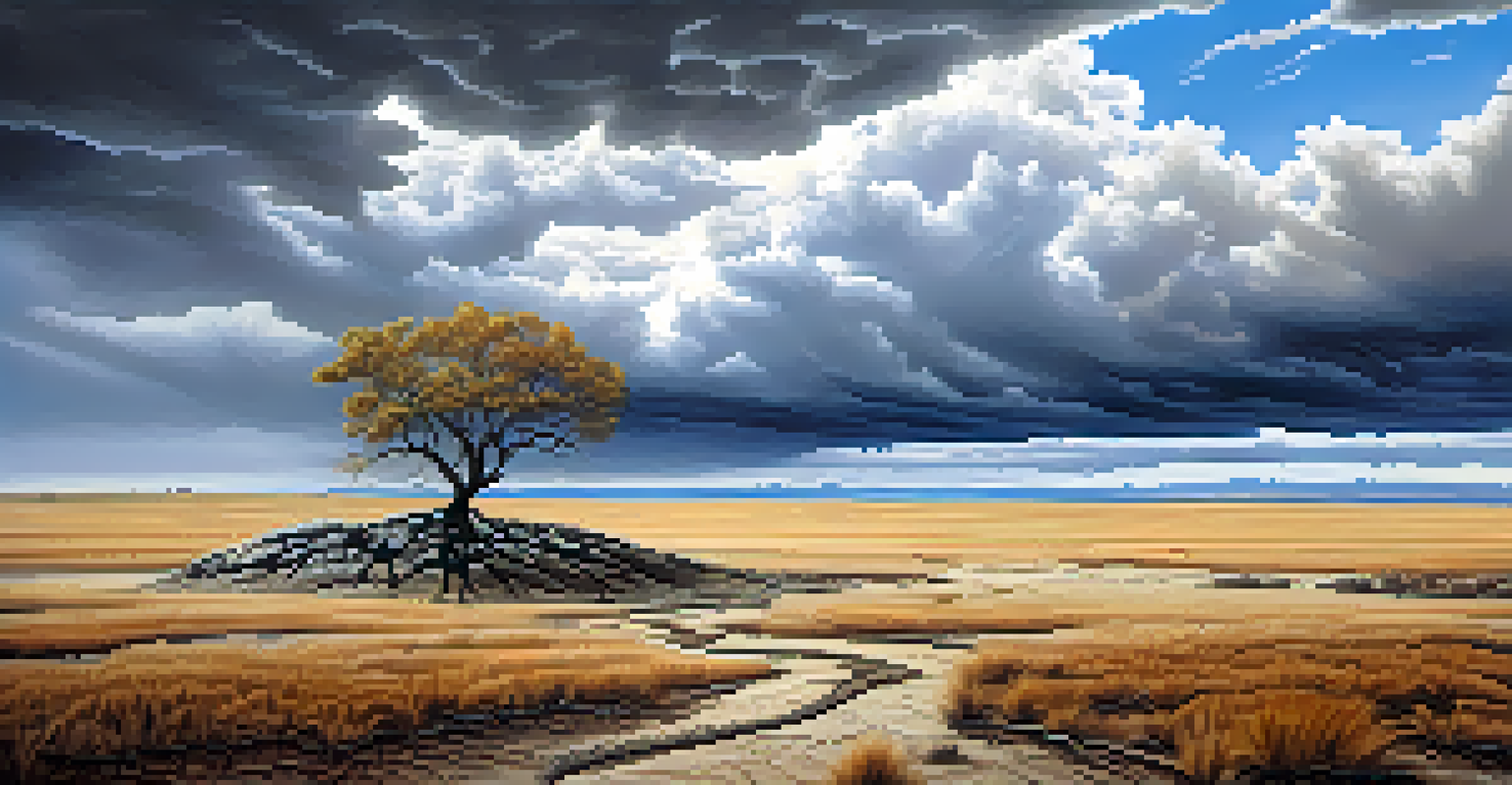 A dramatic landscape of cracked earth and sparse vegetation affected by climate change, with a lone tree in the foreground under a sky filled with dramatic clouds.