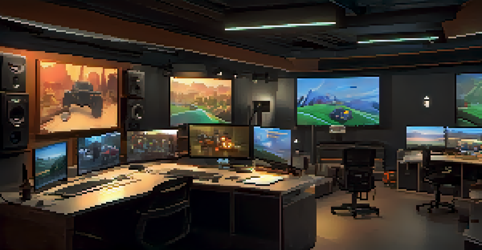 A studio setting with artists and developers creating cinematic trailers for video games, surrounded by screens and storyboards.