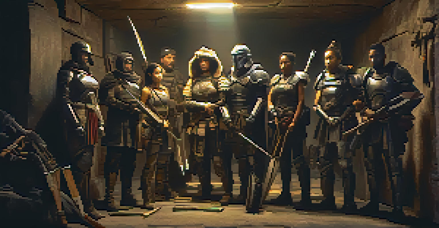 A diverse group of individuals in makeshift armor standing in an underground space, prepared for resistance.