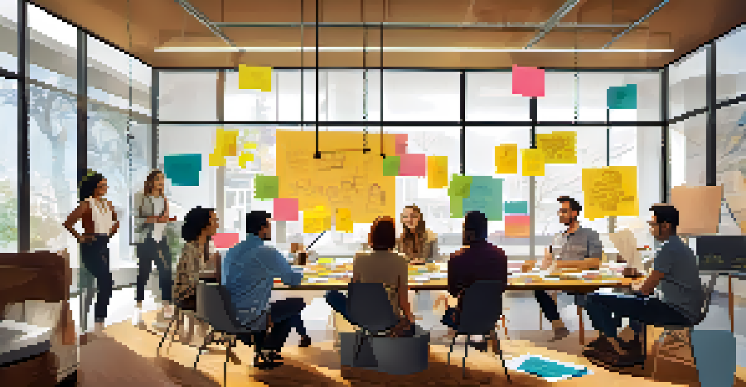 A diverse marketing team in a bright room, brainstorming movie promotion ideas with sketches and colorful sticky notes around them.