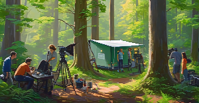 A film crew working in a green forest, using energy-efficient lights and sustainable equipment under warm sunlight.