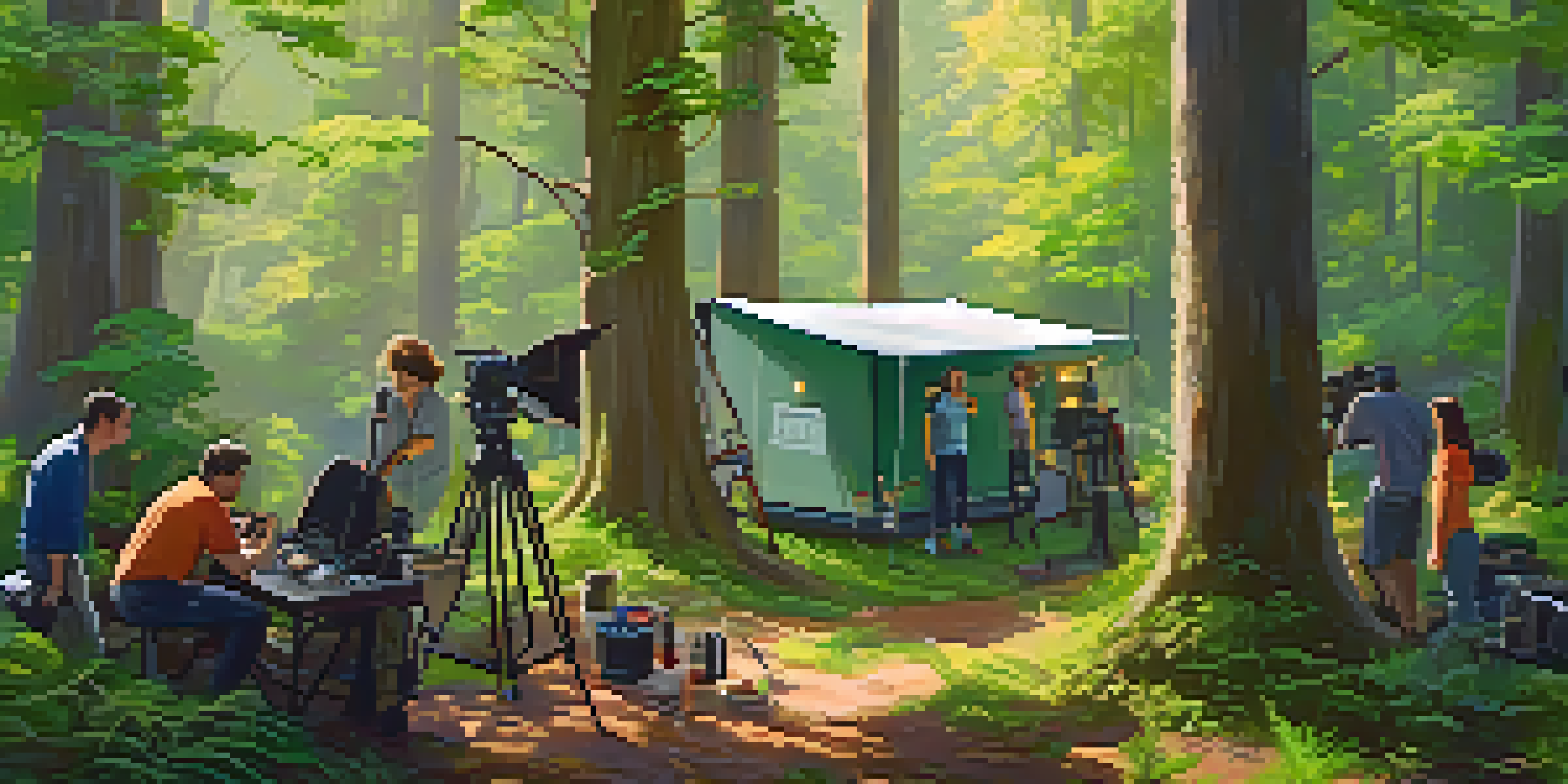 A film crew working in a green forest, using energy-efficient lights and sustainable equipment under warm sunlight.