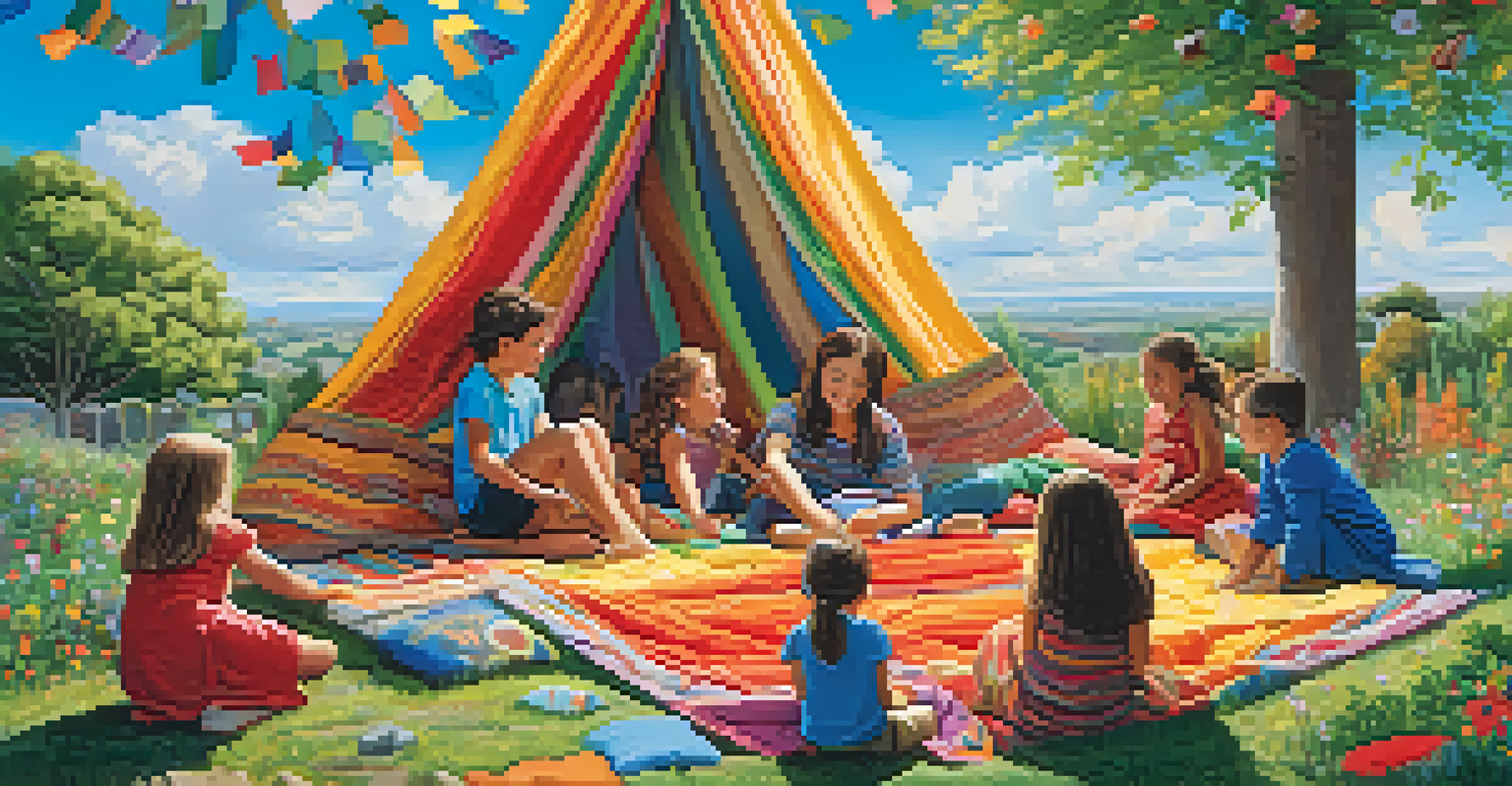 Children of different backgrounds joyfully building a fort outdoors together, surrounded by nature under a clear blue sky.