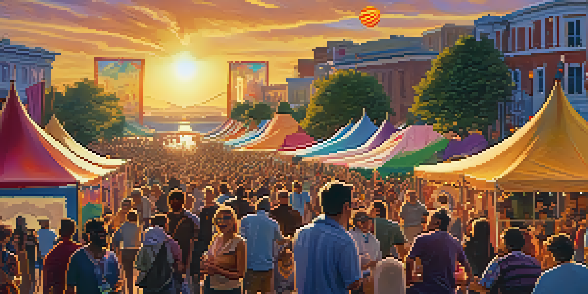 A lively outdoor film festival with a diverse audience watching satirical films, surrounded by colorful tents and a sunset in the background.