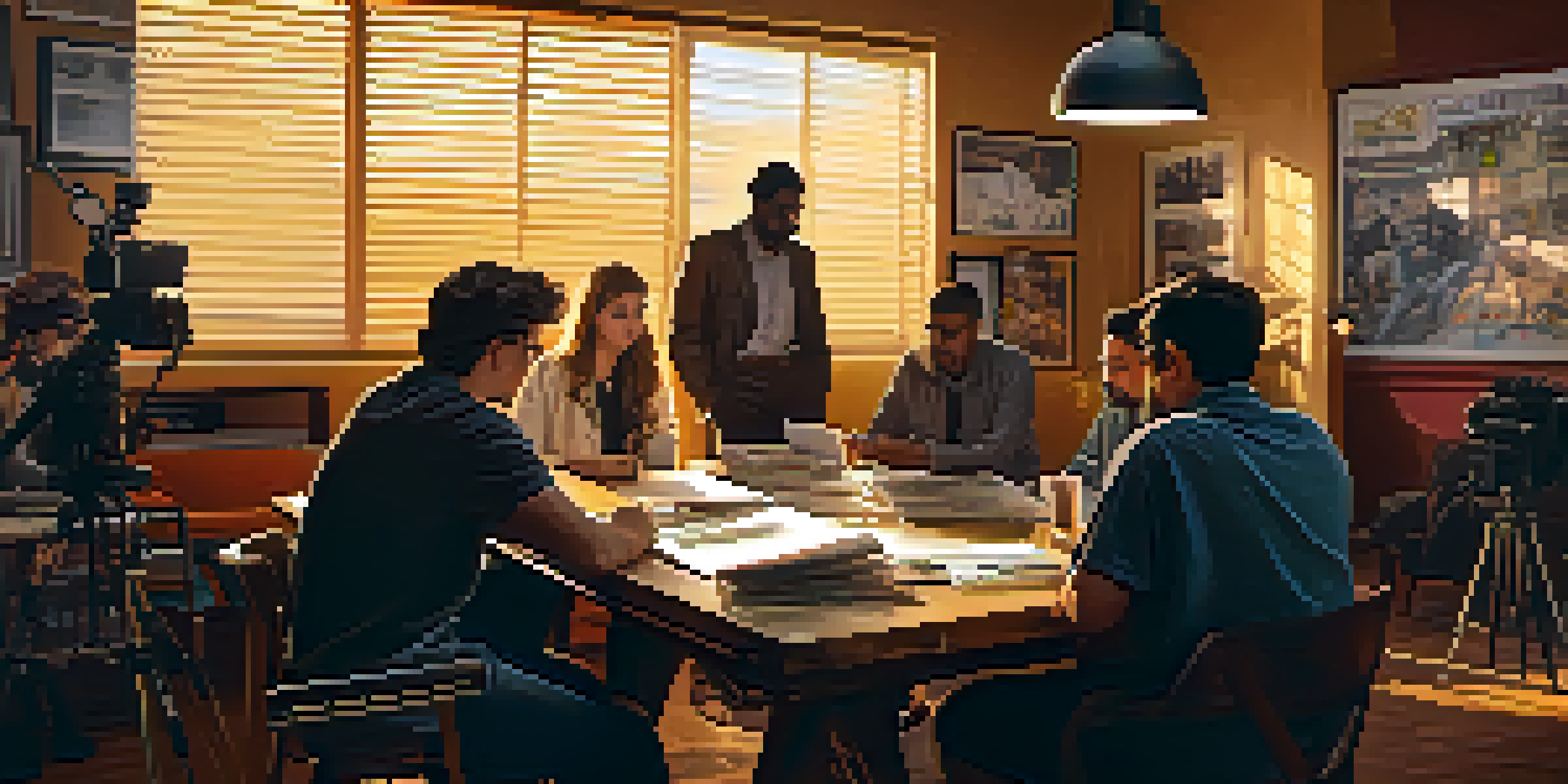 A group of diverse film producers brainstorming in a well-lit production set during golden hour, surrounded by scripts and film equipment.