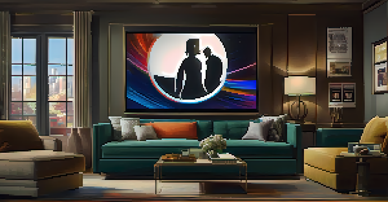 A cozy living room with a large screen showing the Critics' Choice Awards logo, popcorn, and movie posters.
