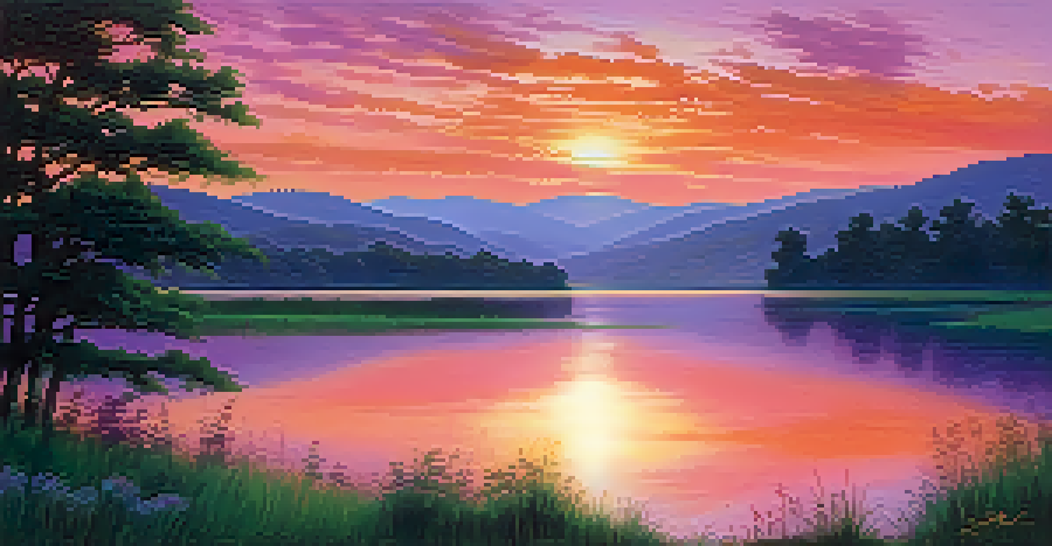 A tranquil landscape with hills, a sunset sky, and a reflective lake surrounded by greenery.