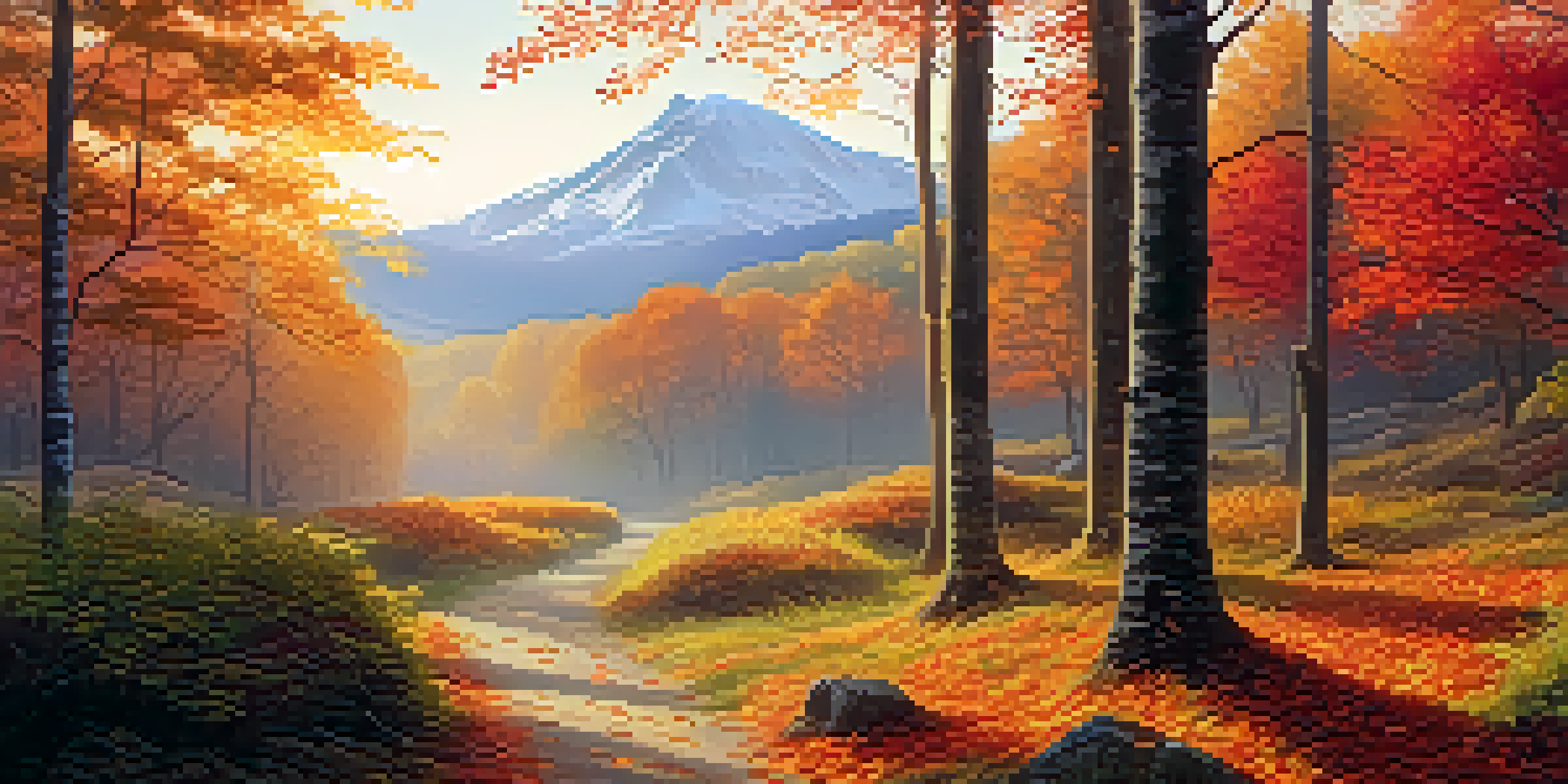 A tranquil forest scene with sunlight filtering through trees, a winding path, and vibrant autumn colors.