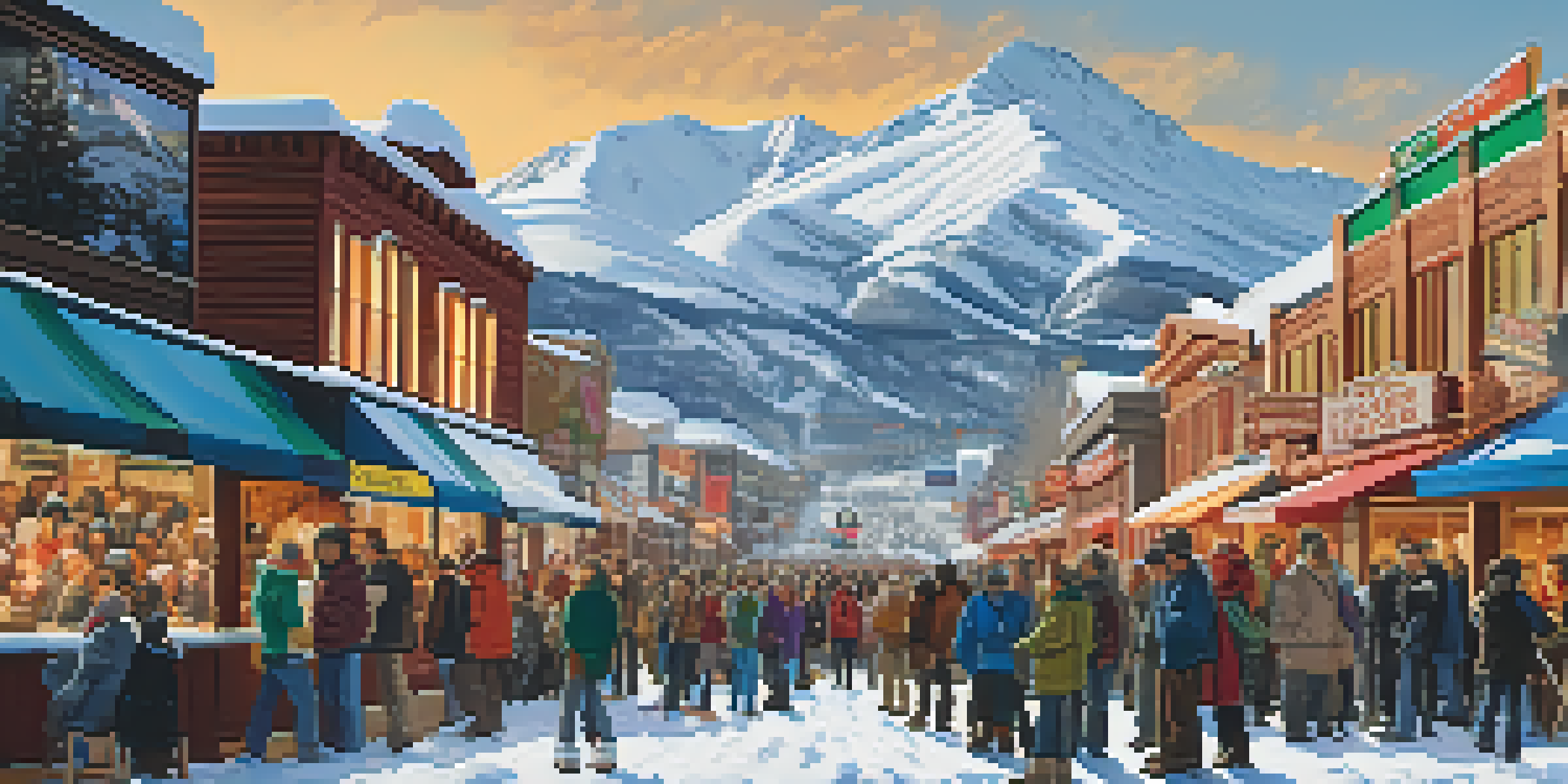 A lively outdoor scene at the Sundance Film Festival with diverse attendees in winter attire, surrounded by snowy mountains and colorful festival banners.