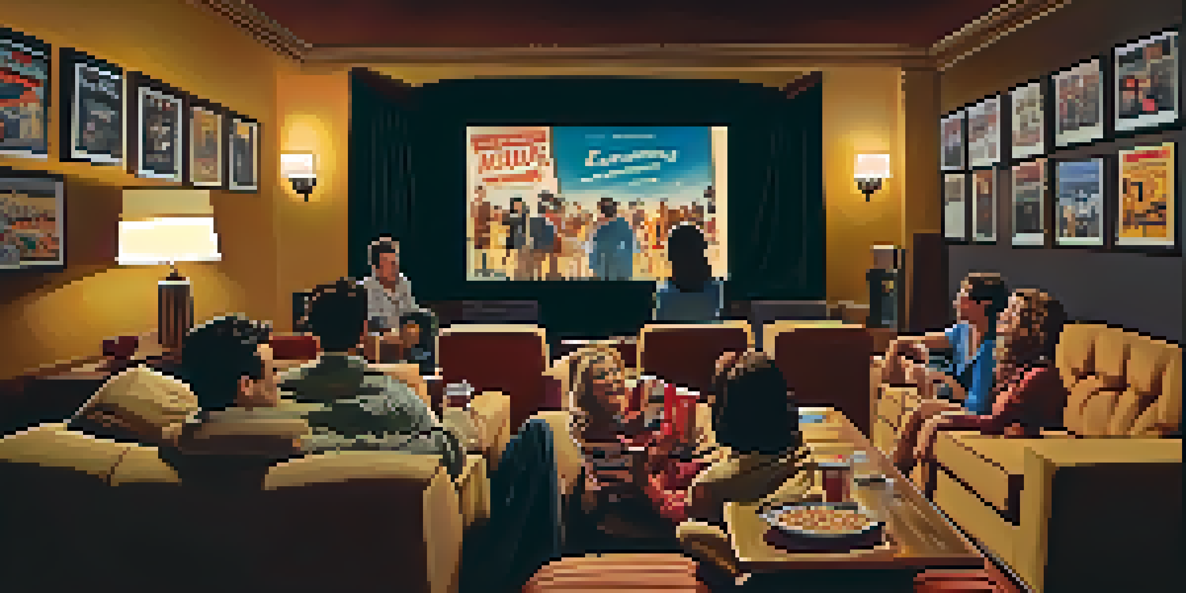 A group of friends enjoying a film together in a cozy home theater with vintage movie posters and warm lighting.