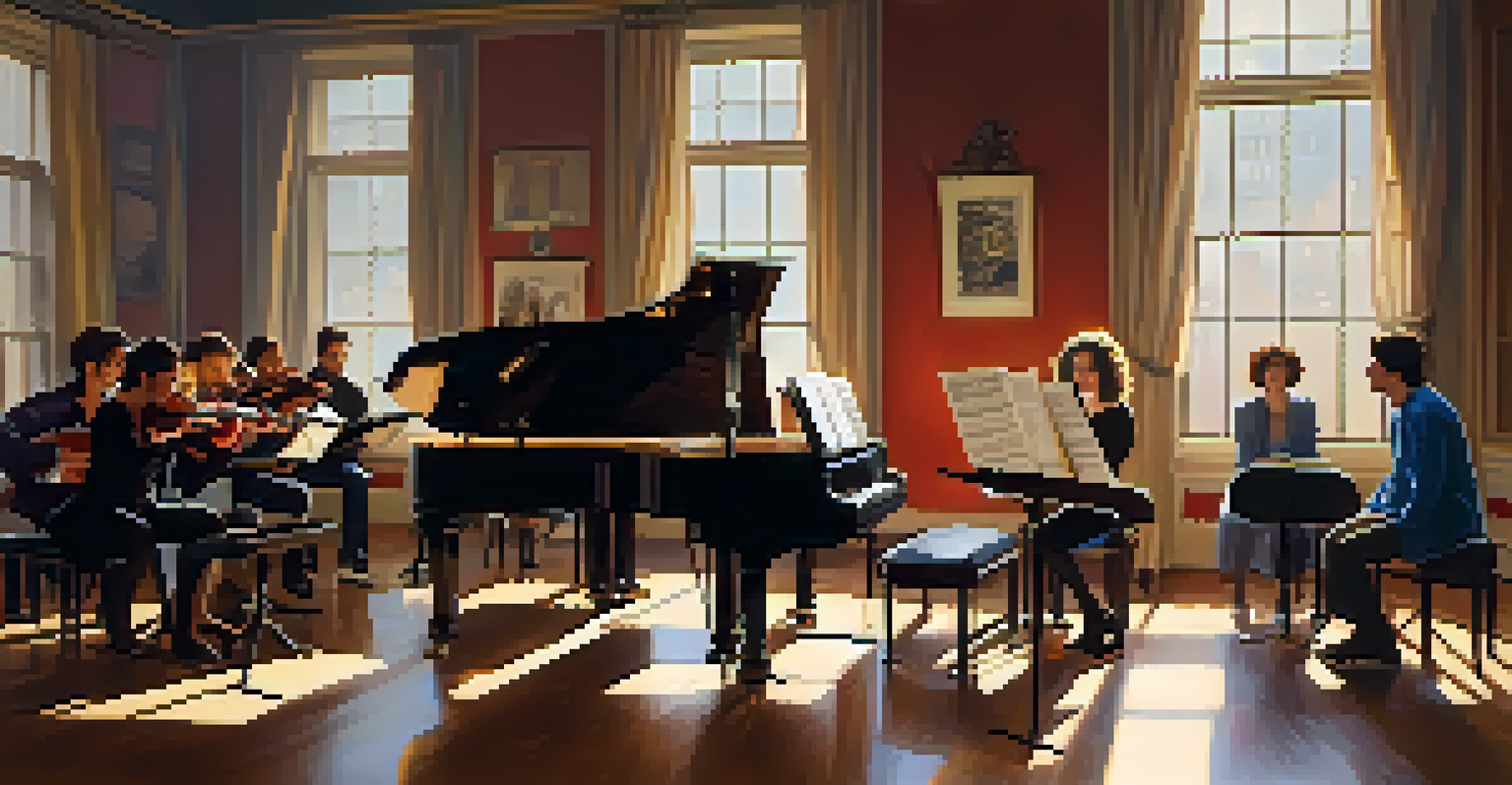 An intimate rehearsal scene in a musical theater with performers gathered around a piano, surrounded by sheet music and soft lighting.