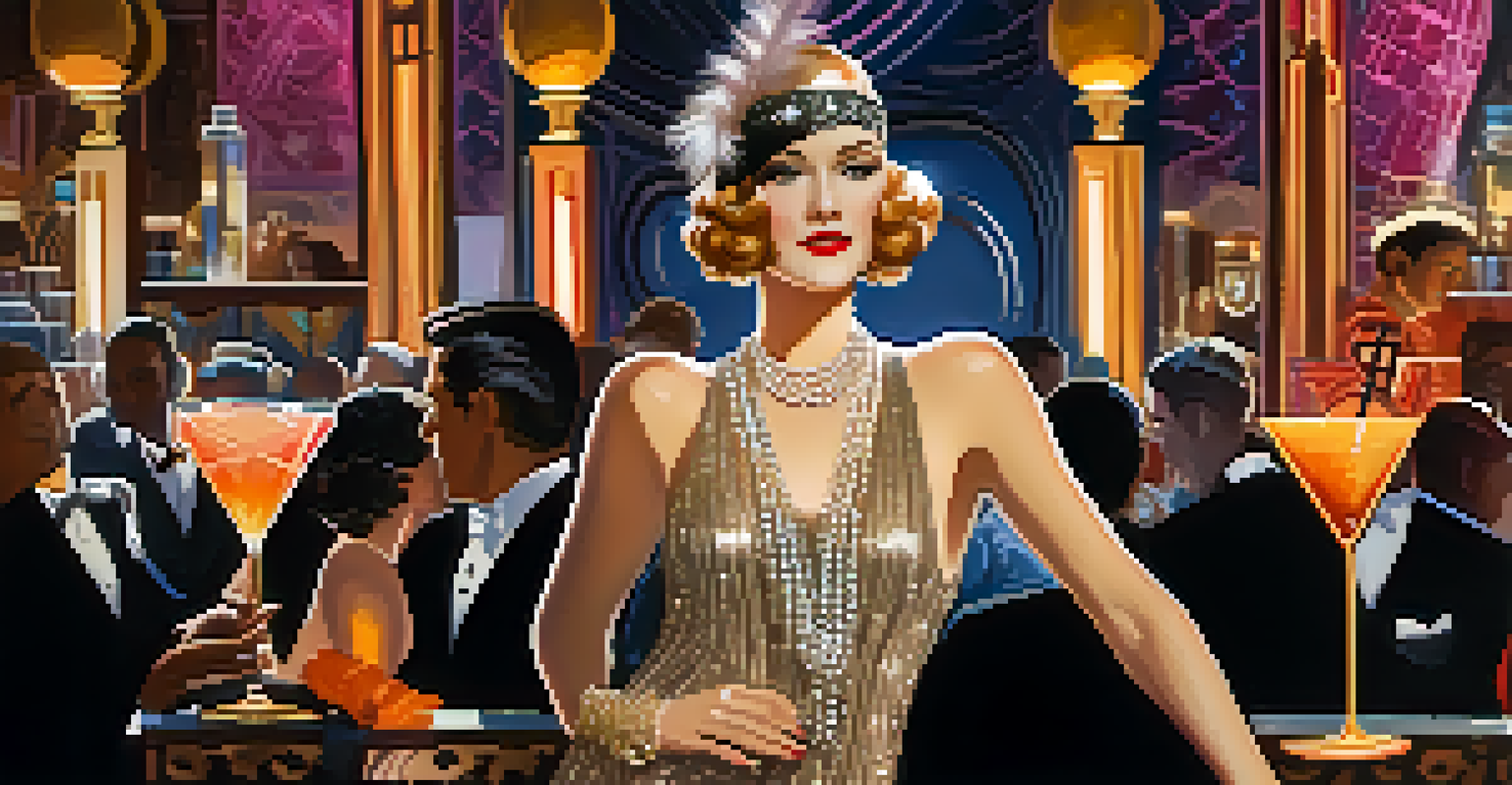 A glamorous character in a flapper dress from the 1920s, standing in a jazz club adorned with art deco designs.