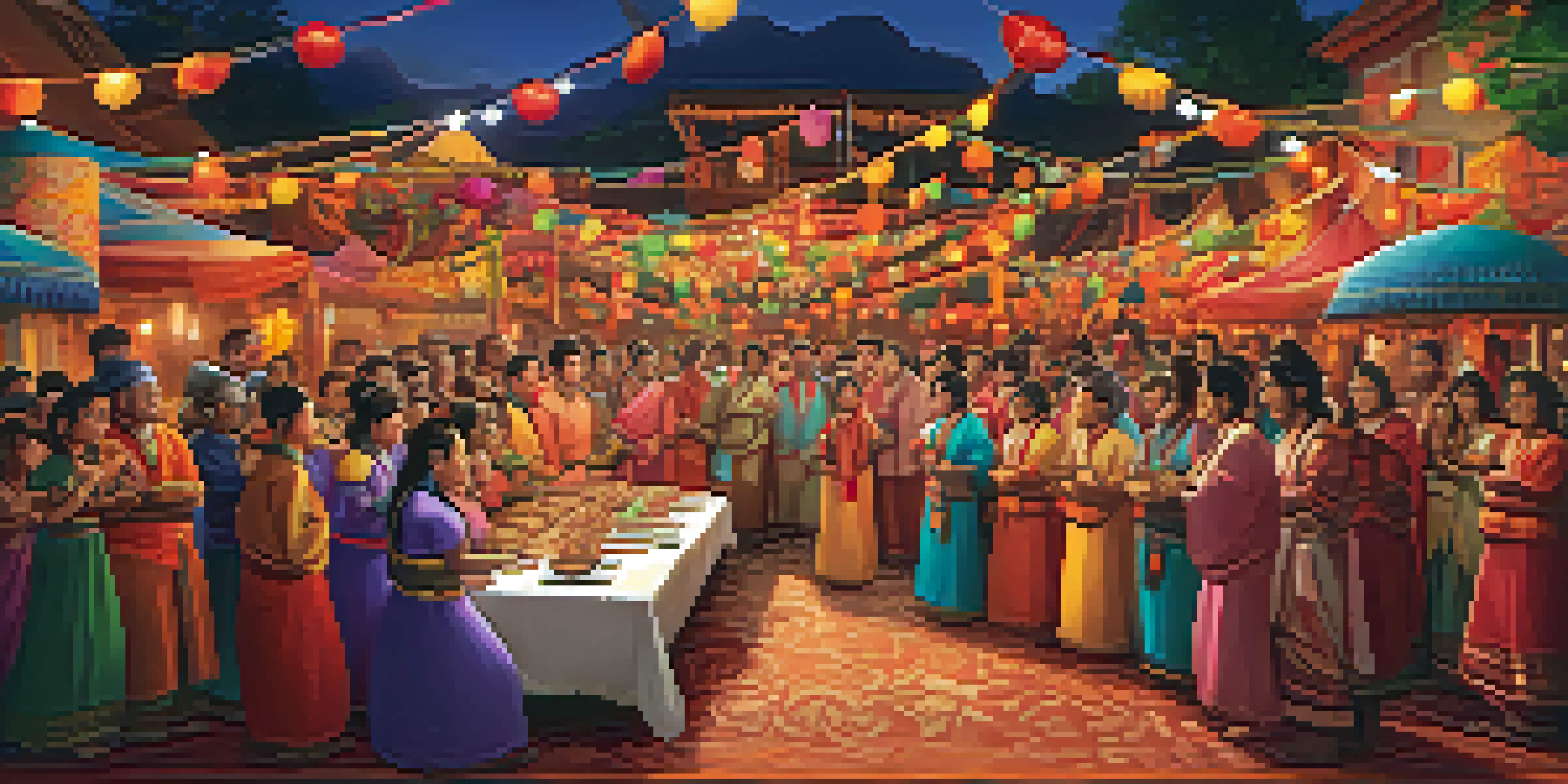 A diverse group of animated characters celebrating a festival, showcasing various traditional outfits and decorations.