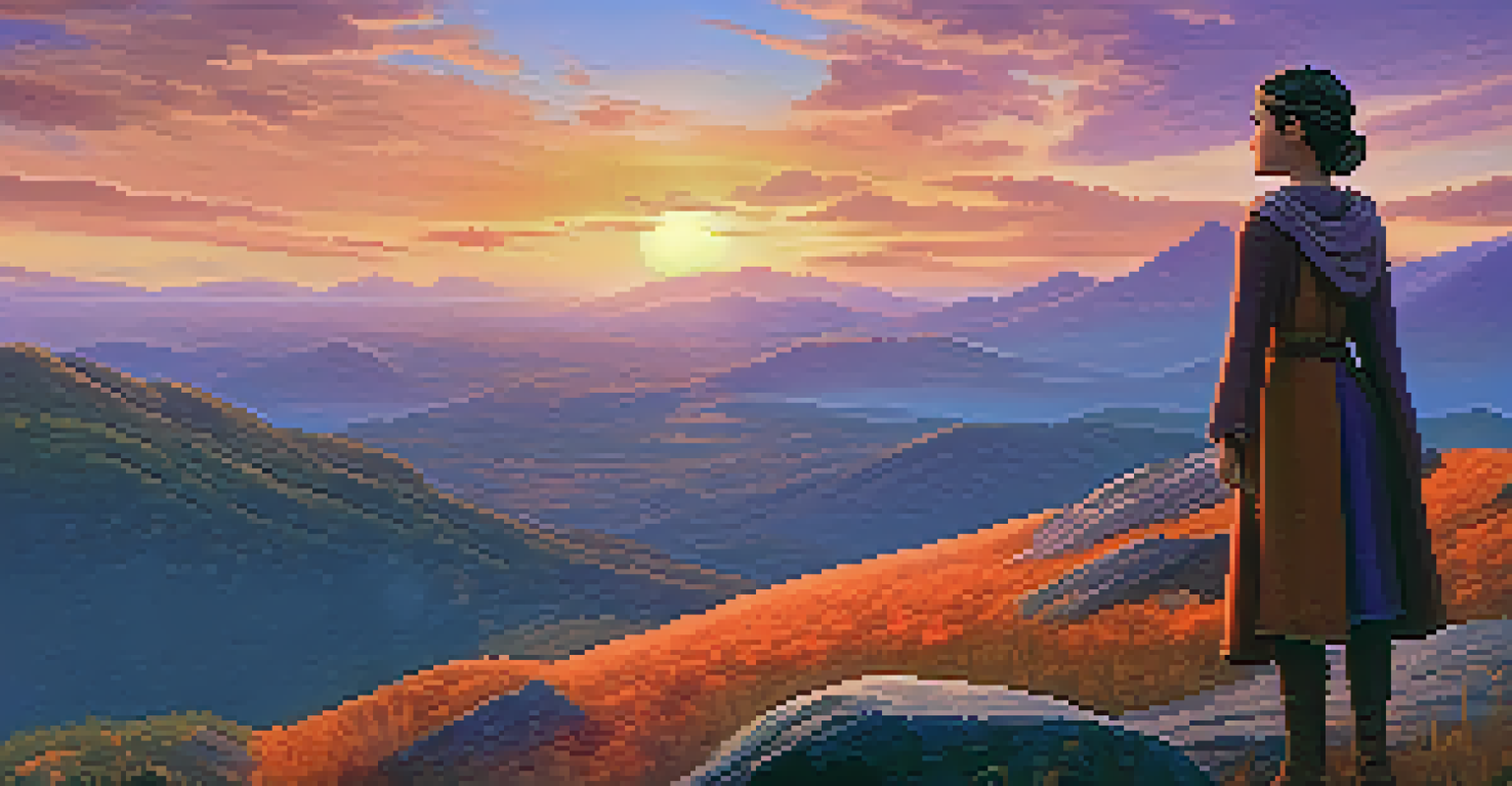 A strong female lead character with a disability standing on a mountain top at sunset, looking confidently over a beautiful landscape.