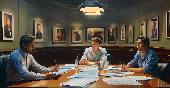 A casting director observing actors auditioning in a warm-lit room, surrounded by headshots and resumes, with a mirror reflecting the scene.