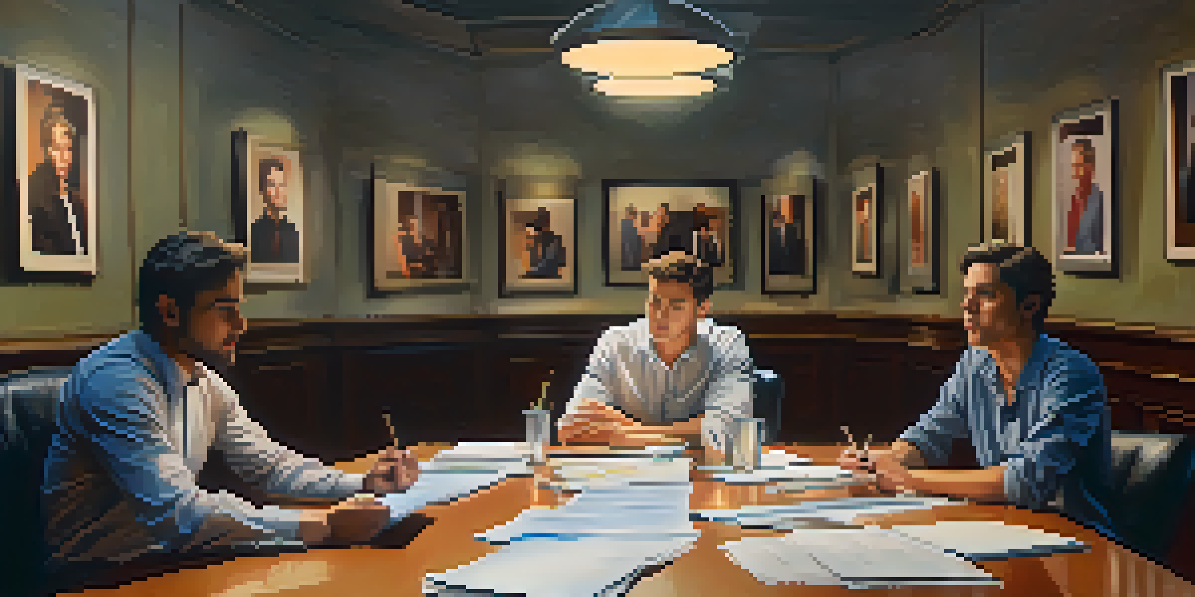 A casting director observing actors auditioning in a warm-lit room, surrounded by headshots and resumes, with a mirror reflecting the scene.