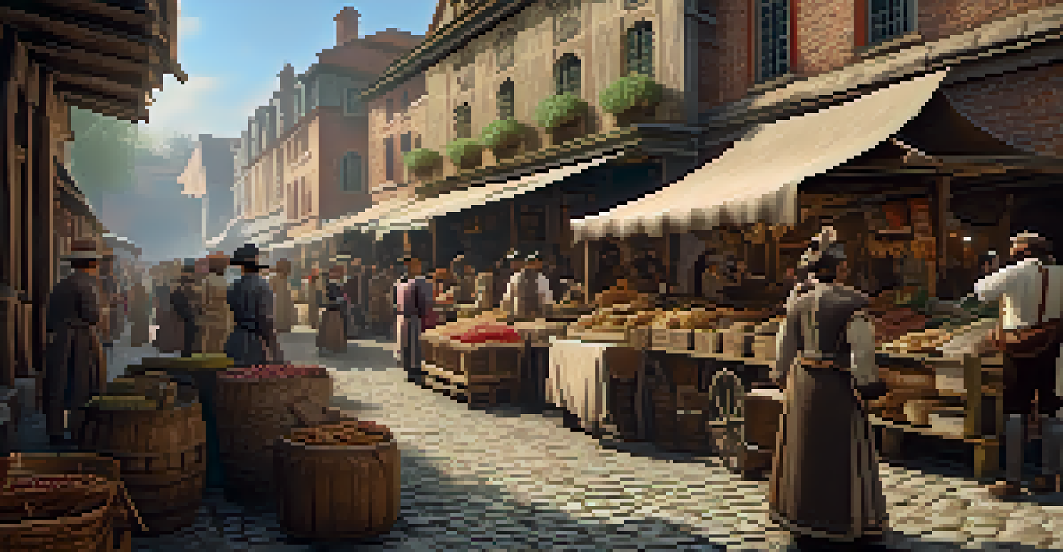 A historically immersive VR scene showing an 18th-century marketplace with vendors and people in period attire, illuminated by warm sunlight.