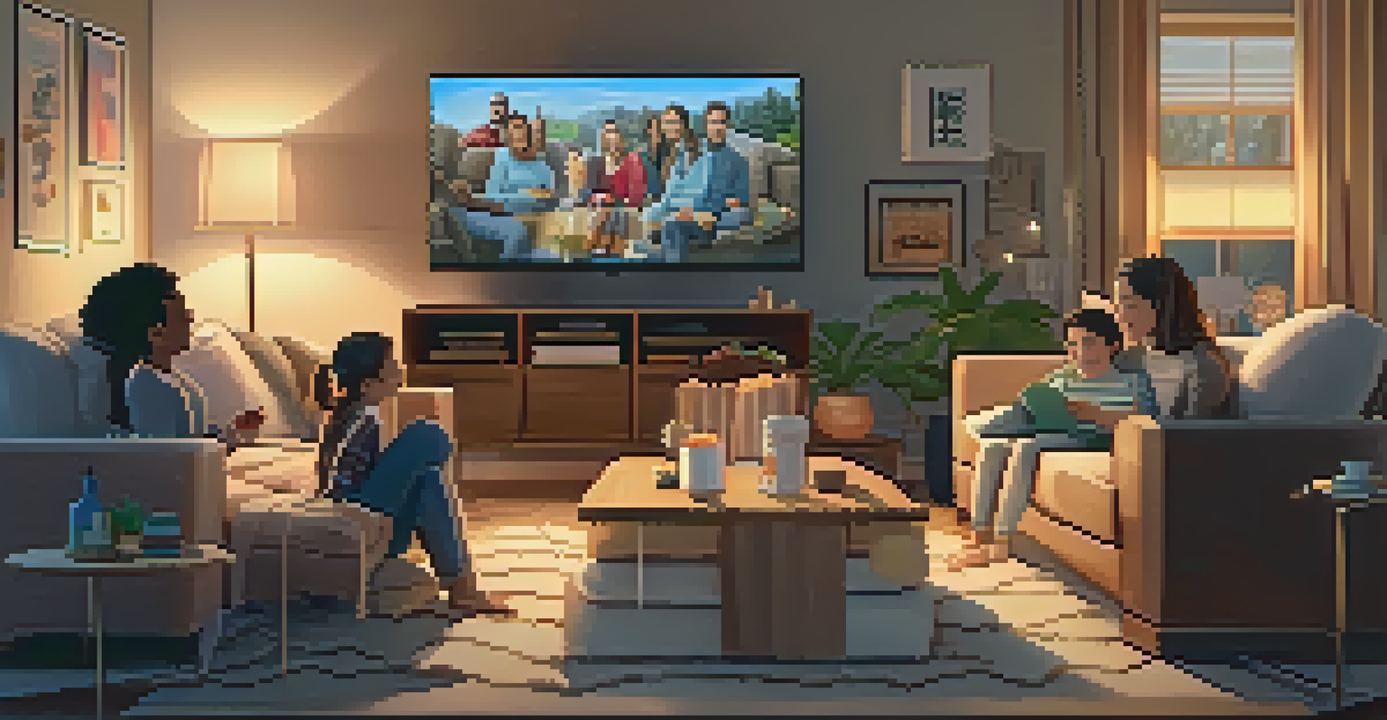 A family in a cozy living room watching a movie on TV, surrounded by snacks and warm lighting, showing their enjoyment.