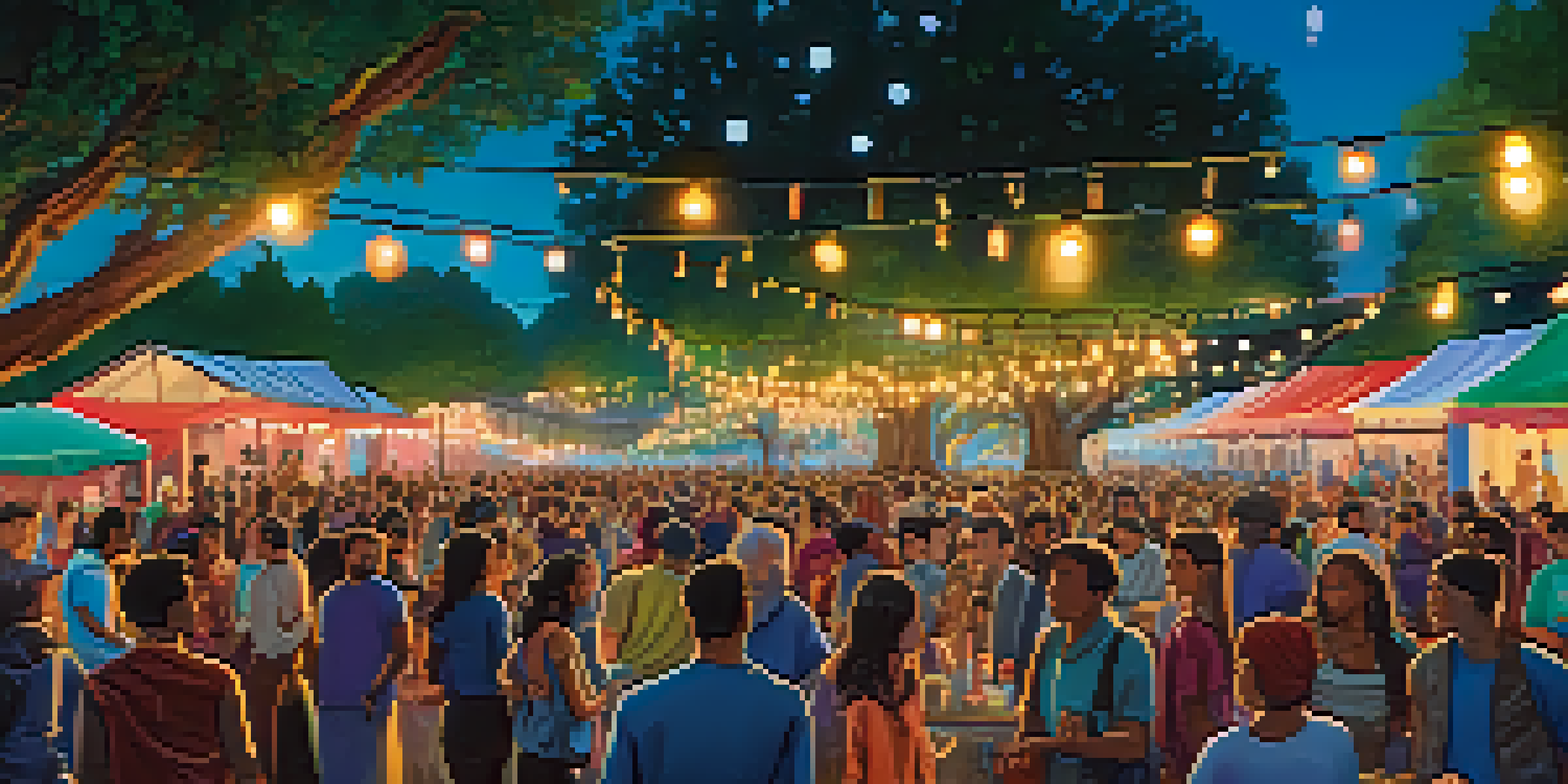 A lively outdoor film festival with diverse people engaging in discussions and watching a movie on a large screen, surrounded by colorful banners.