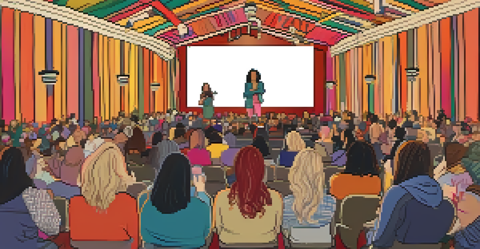 Women filmmakers presenting their short films at a lively film festival, with banners promoting female-led projects in a vibrant setting.