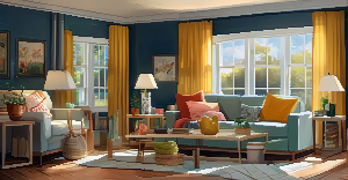 A family of four playing a game in a cozy living room, surrounded by family photos and a pet dog.